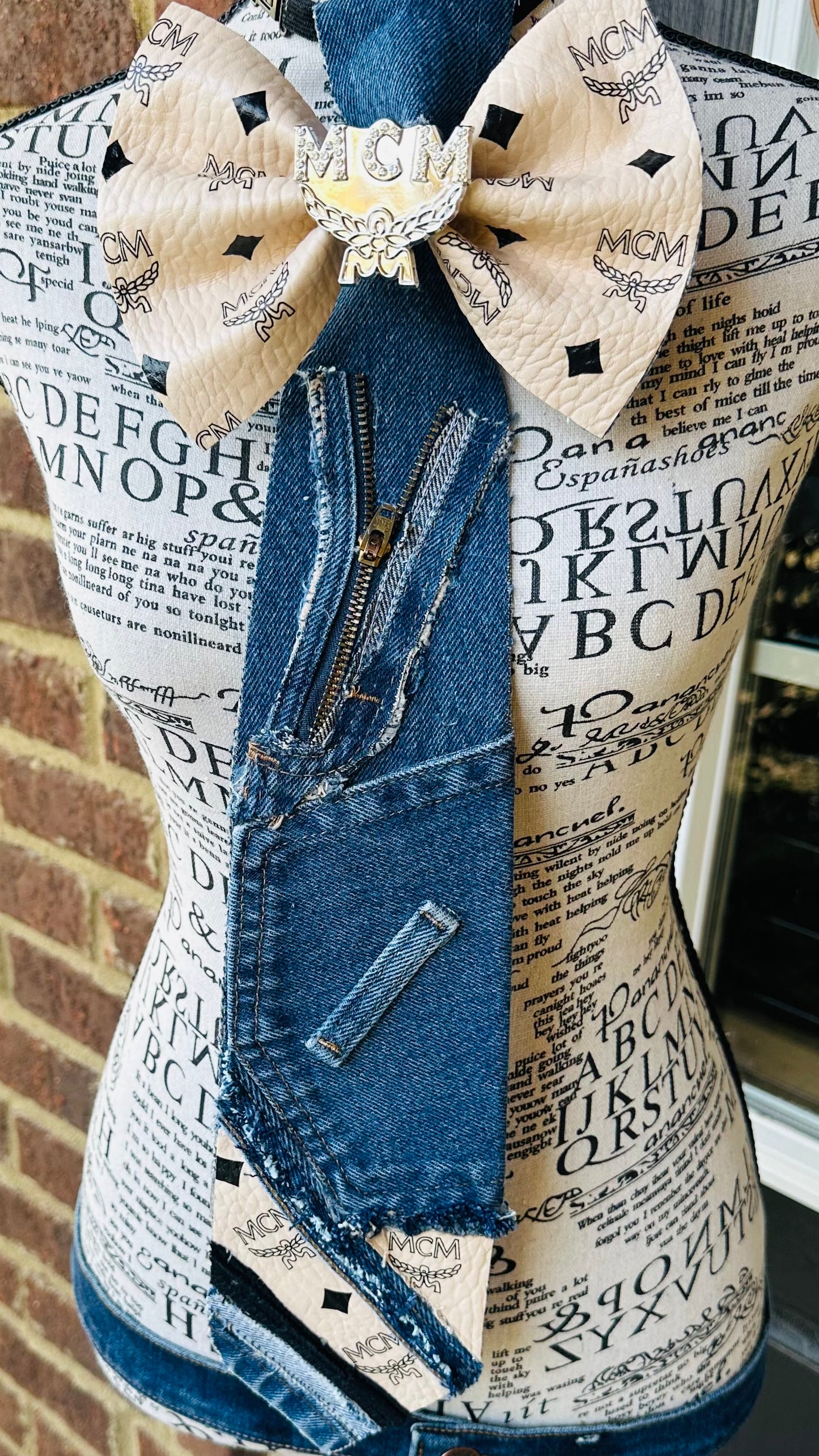 White Leather MGM Distressed Denim Bowtie Necktie