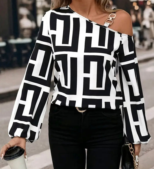 Black & White Off-shoulder Long Color-block Blouse