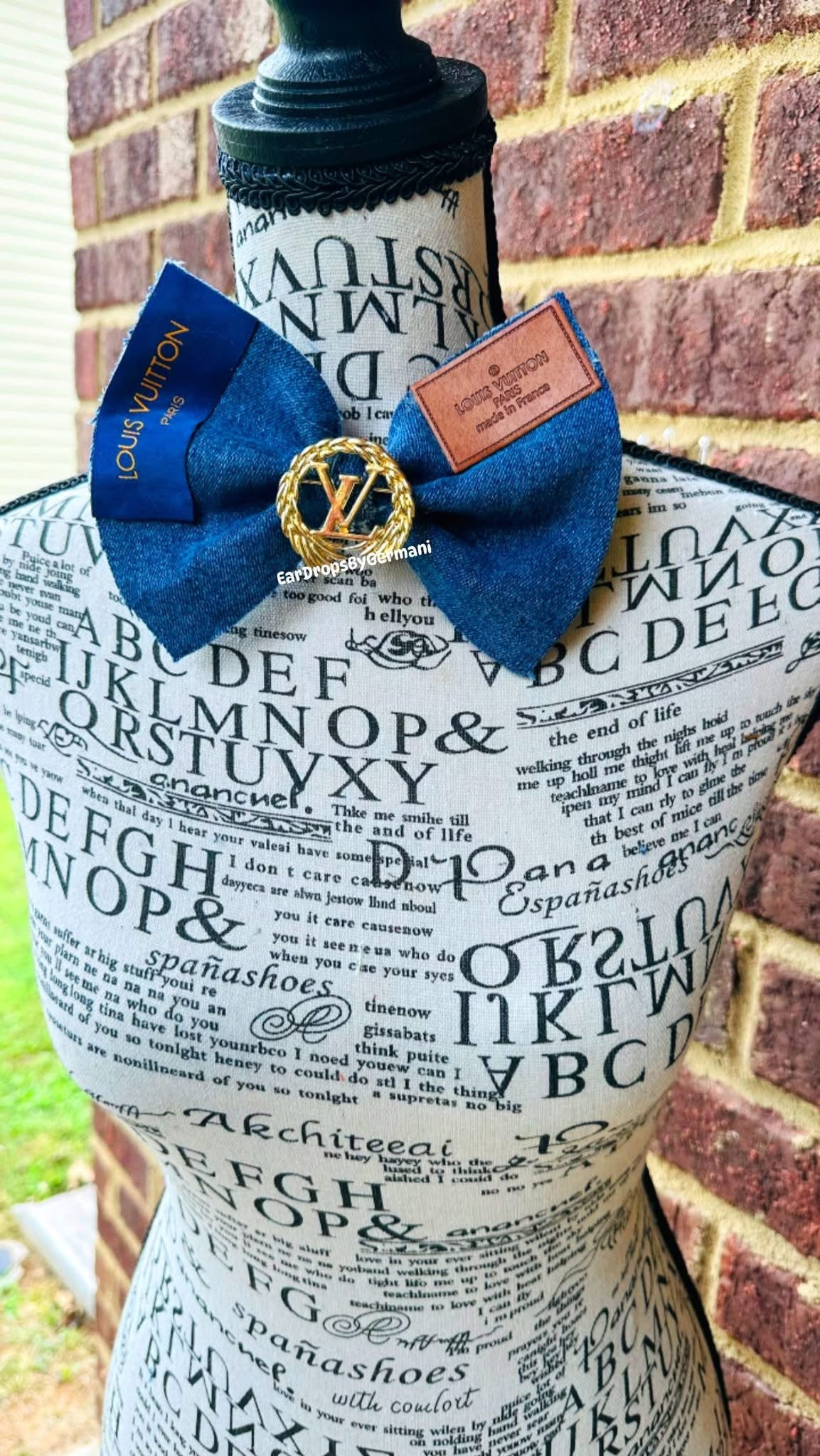 Double Patch Distressed Denim Bowtie with brooch