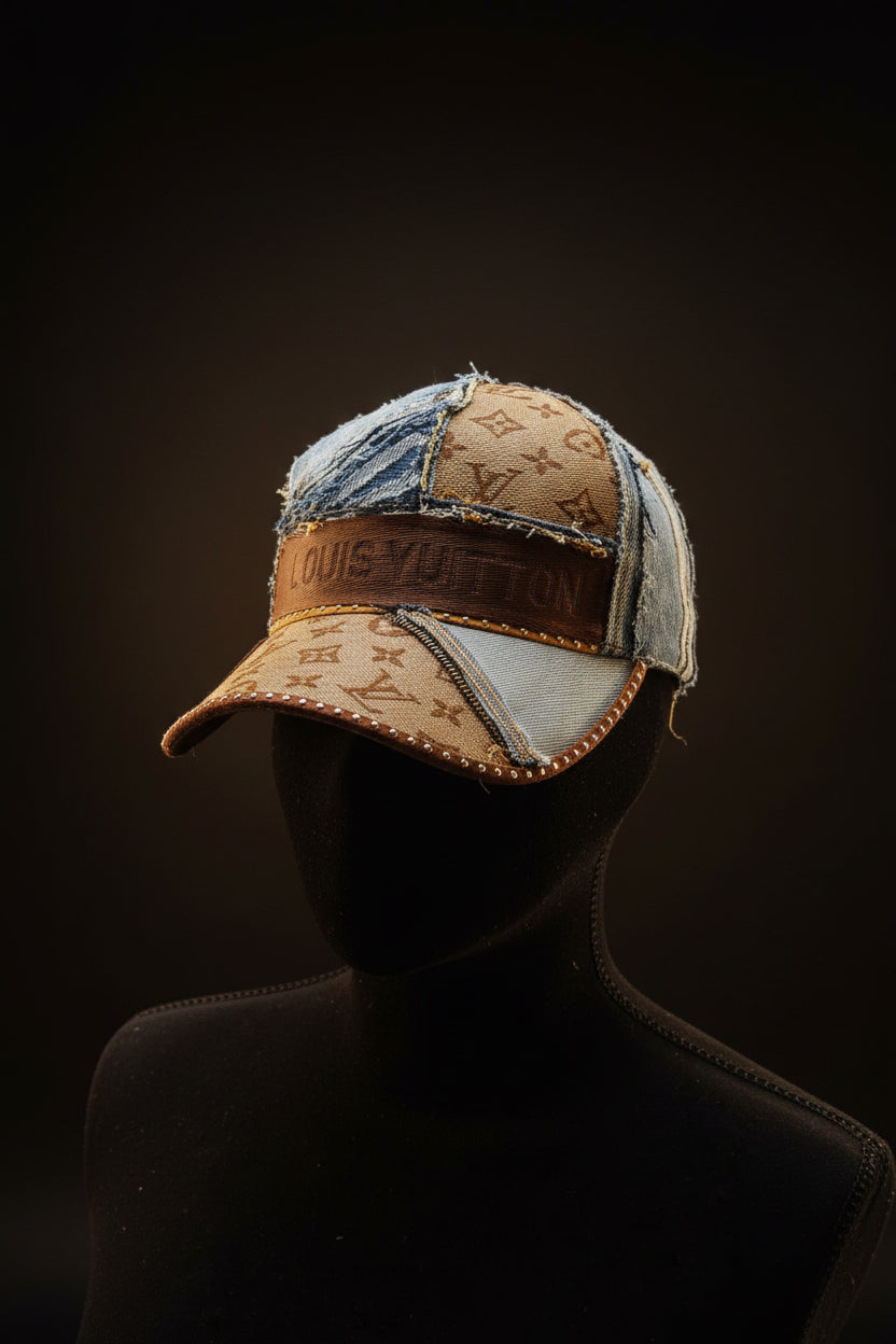 L’Vee Brown & Distressed Denim Patchwork Hat Cap