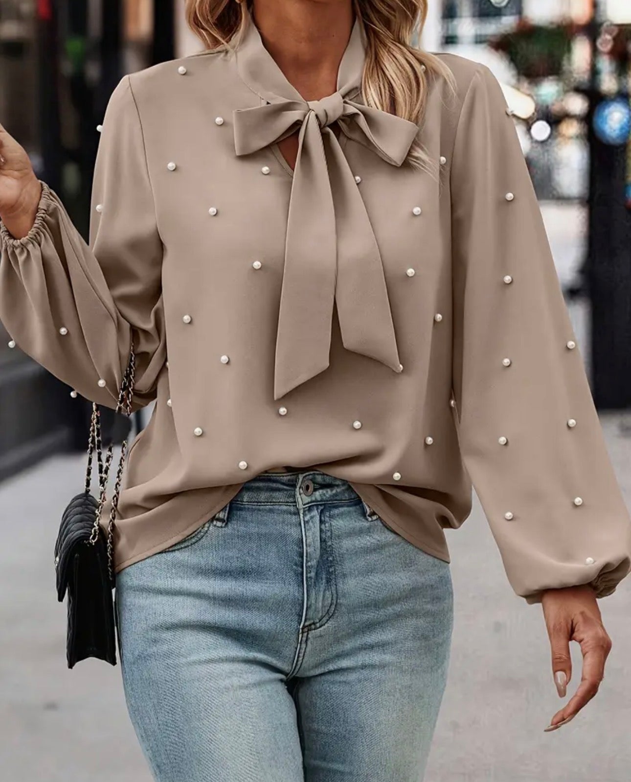 Khaki Solid Color with Faux Pearls Fashion Blouse