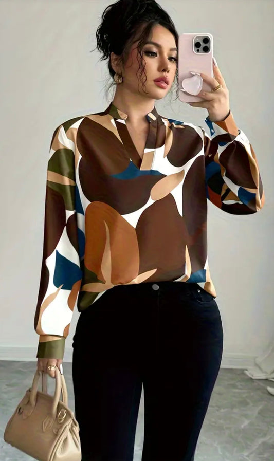 Brown Mixed Color Fashion Blouse