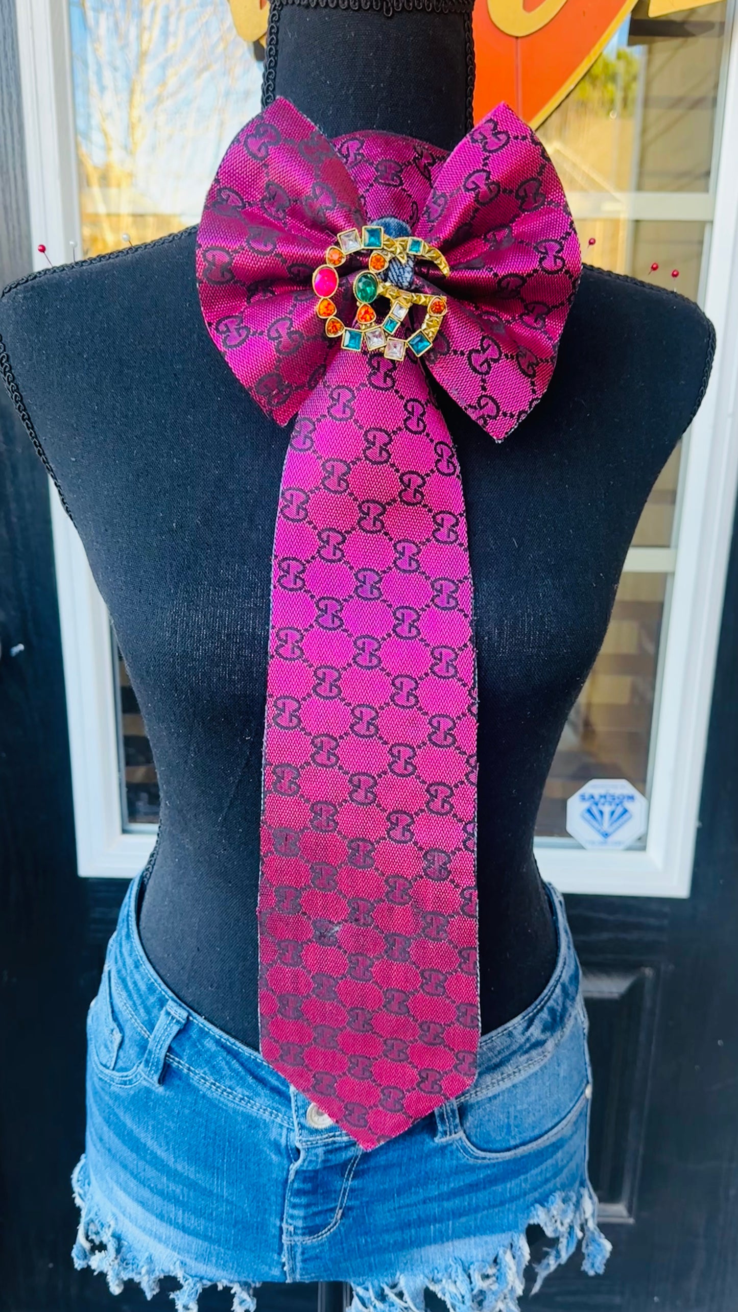 Magenta \ Fuchsia GiGi Distressed Denim Bowtie Necktie