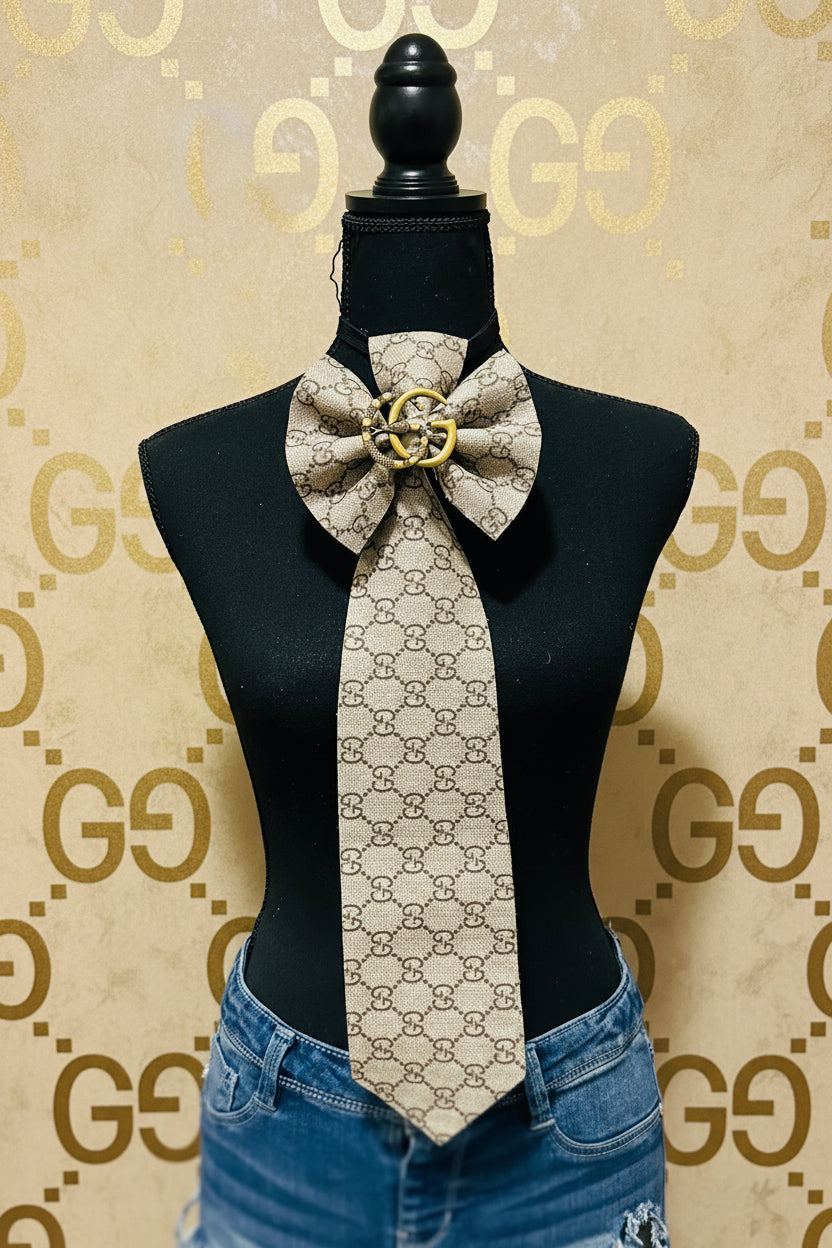 Signature GiGi Leather & Distressed Denim with Center Brooch Bowtie Necktie