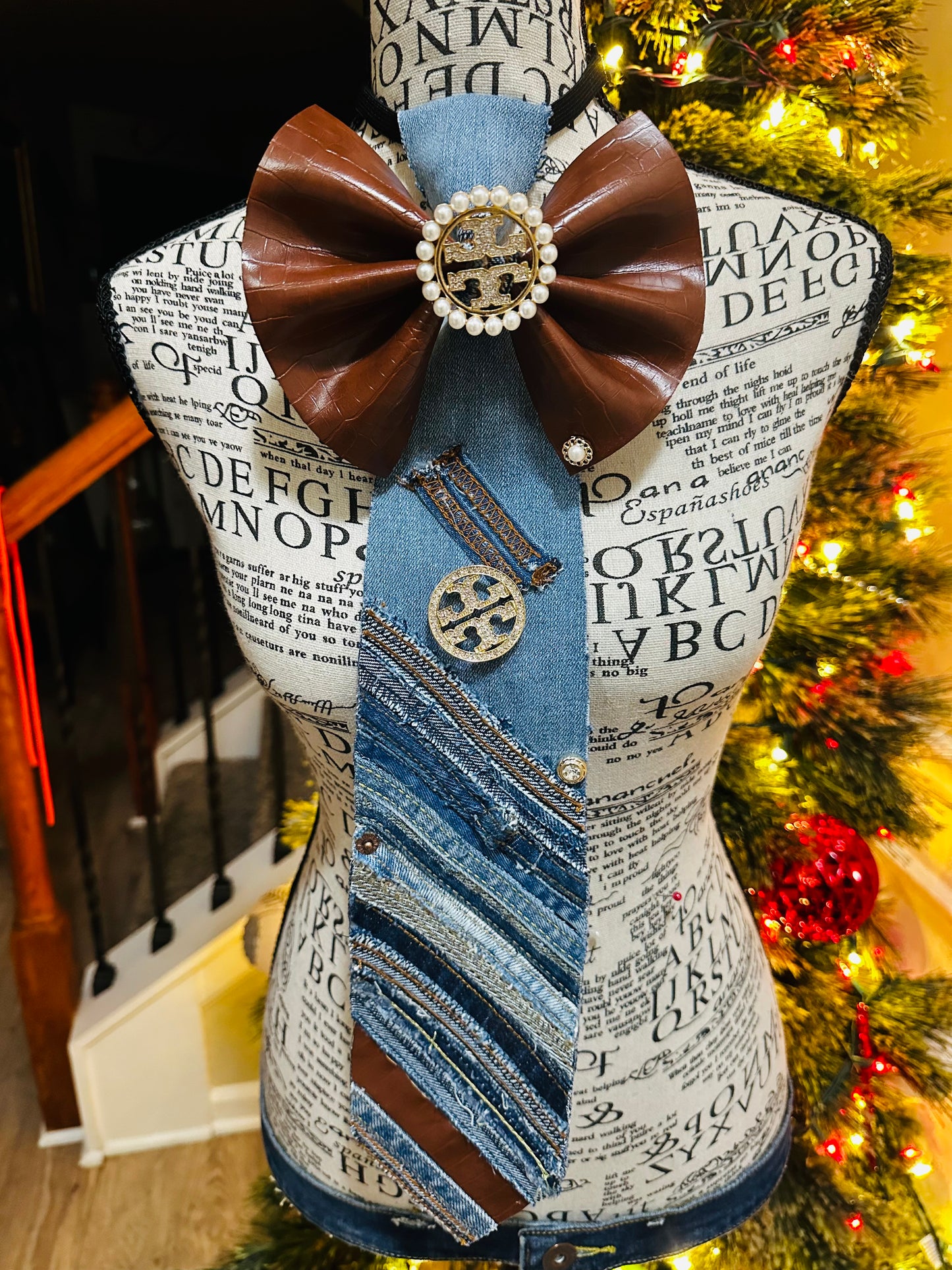 TBM Leather Cognac Color Freestyle Patchwork Denim Bowtie Necktie