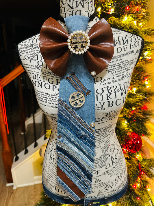 TBM Leather Cognac Color Freestyle Patchwork Denim Bowtie Necktie