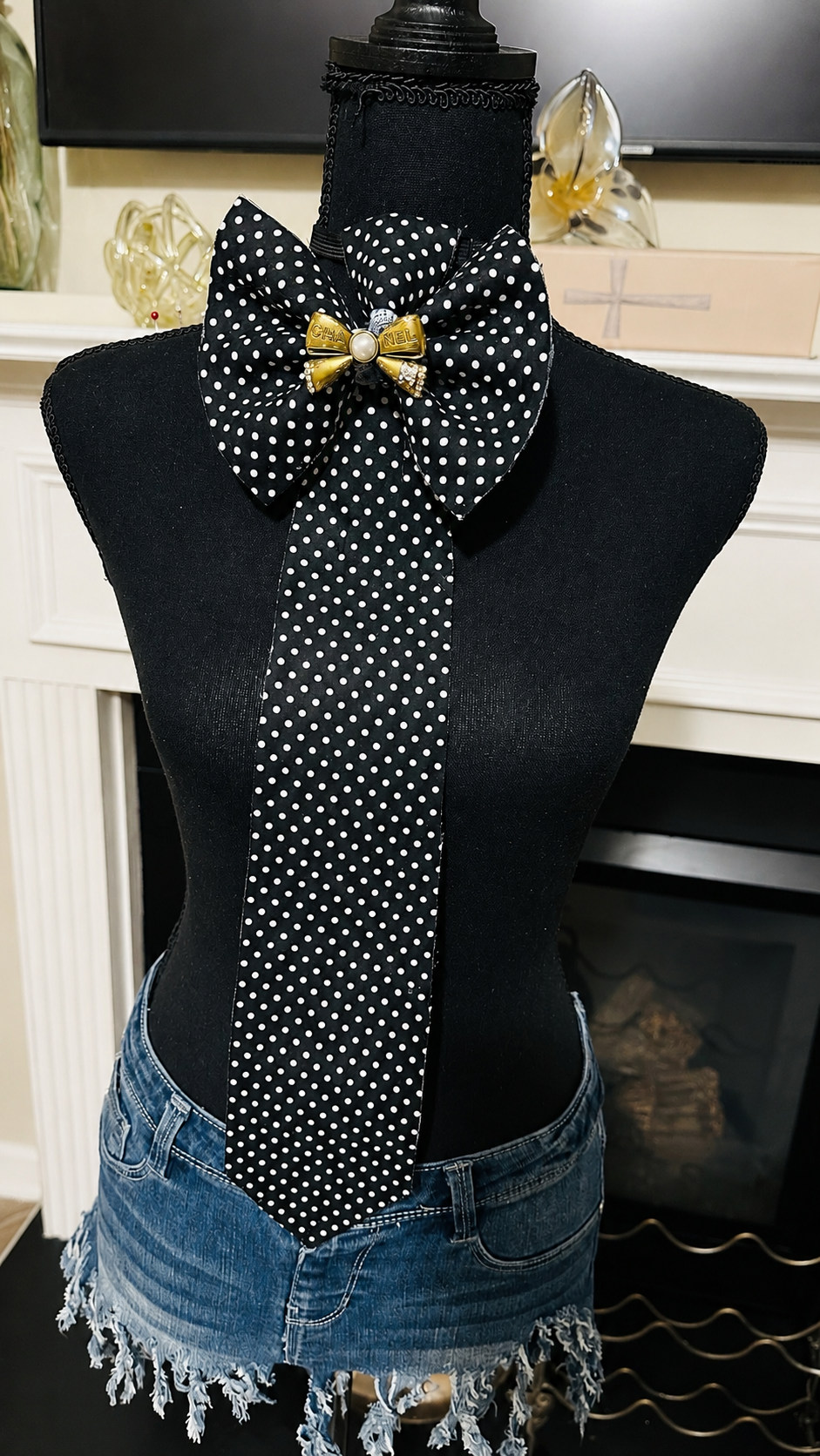 Black and White Polka Dot Cotton & Denim Bowtie Necktie (sale extended until 9/28)