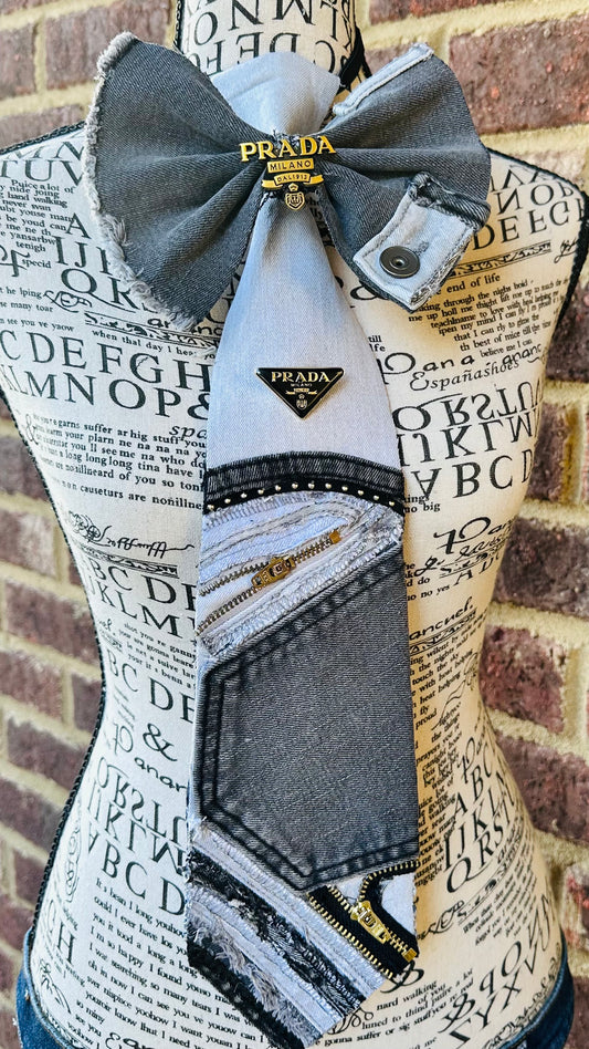 Prad Distressed Gray & Denim Bowtie Necktie.