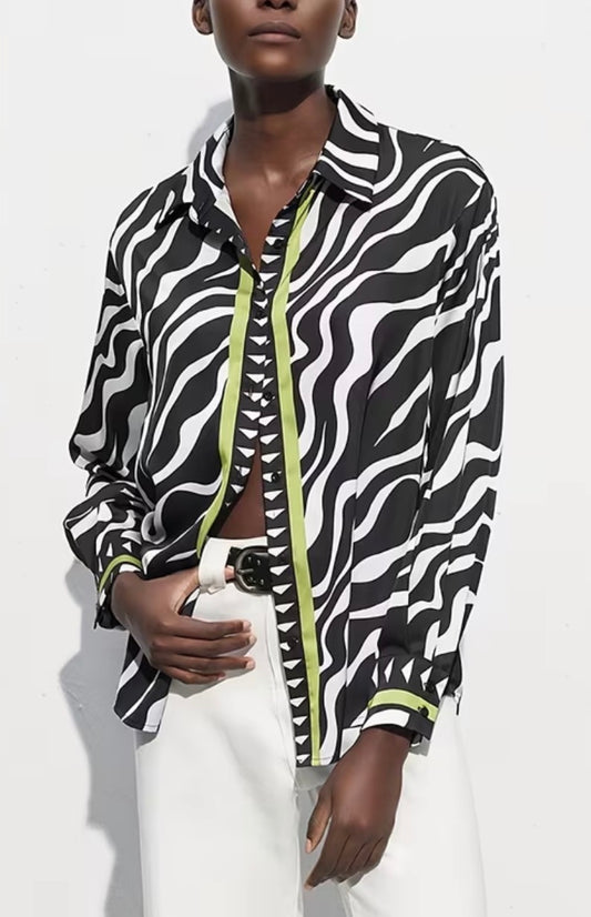 Women’s Black & White Lime Green Fashion Contrast Long Sleeve Printed Blouse