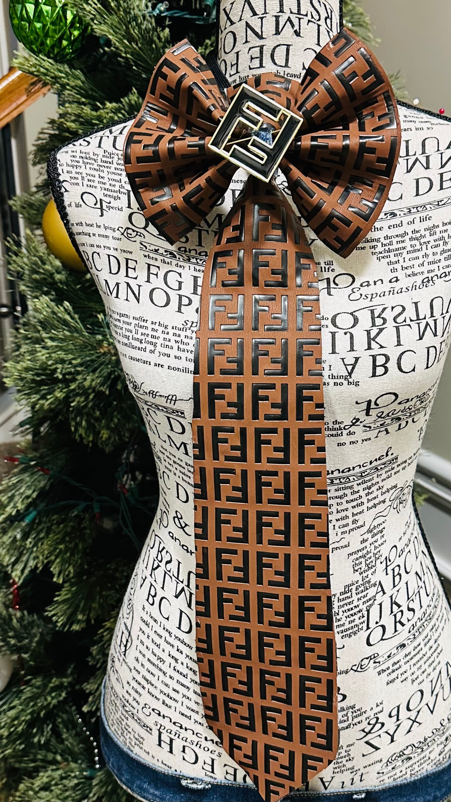 Cognac & Black Leather Distressed Denim Fendia Bowtie Necktie