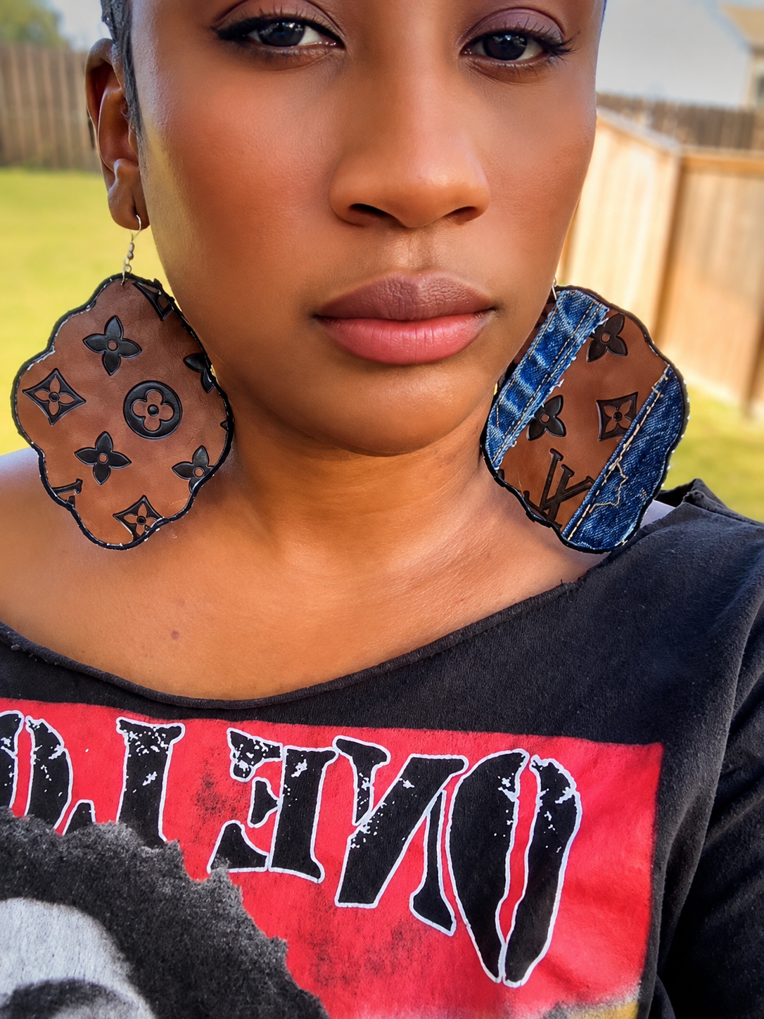 Freestyle Handmade Cognac Leather & Distressed Denim L’Vee Earrings