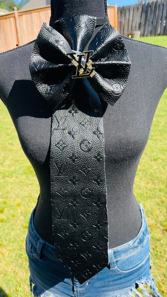 Black Charcoal L’Vee Leather & Distressed Denim Bowtie Necktie