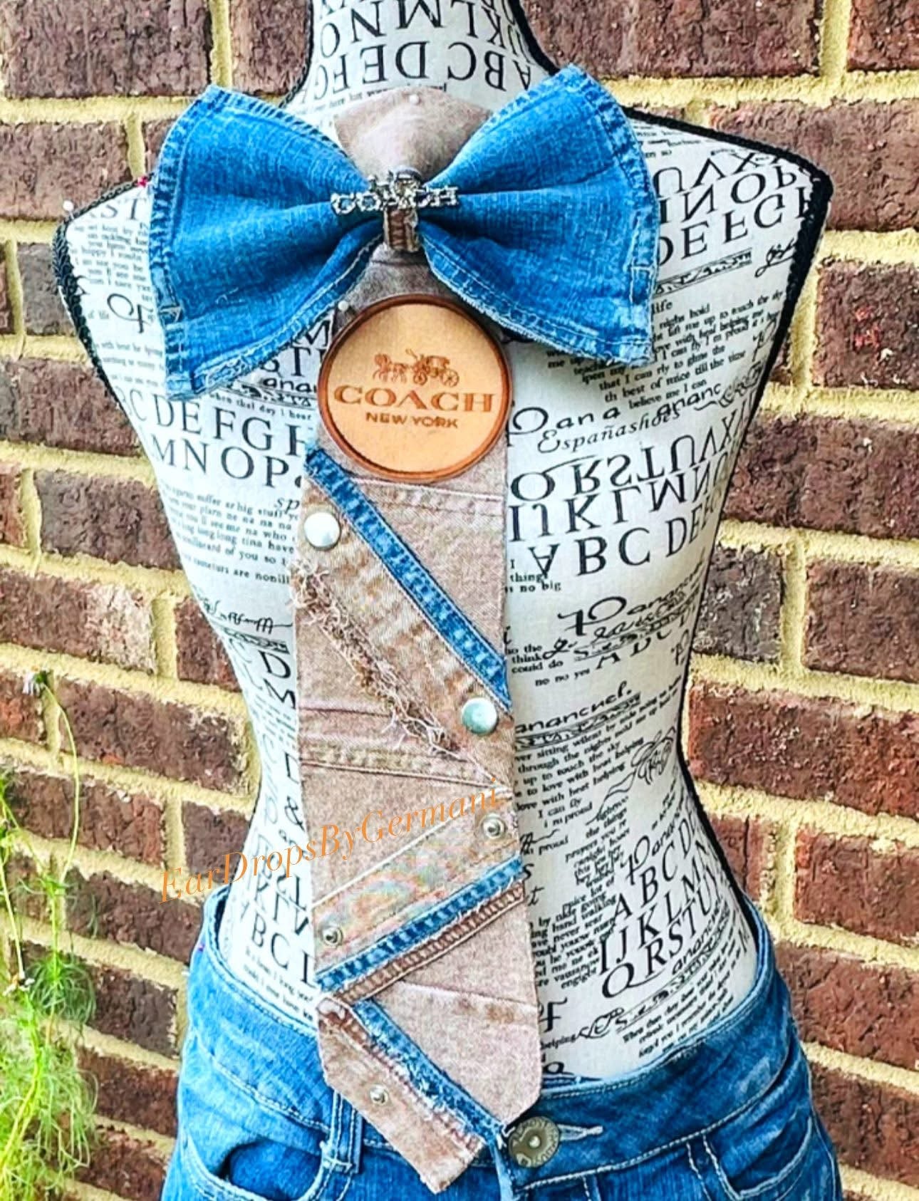 Upcycled Brown Distressed Denim Bowtie Necktie