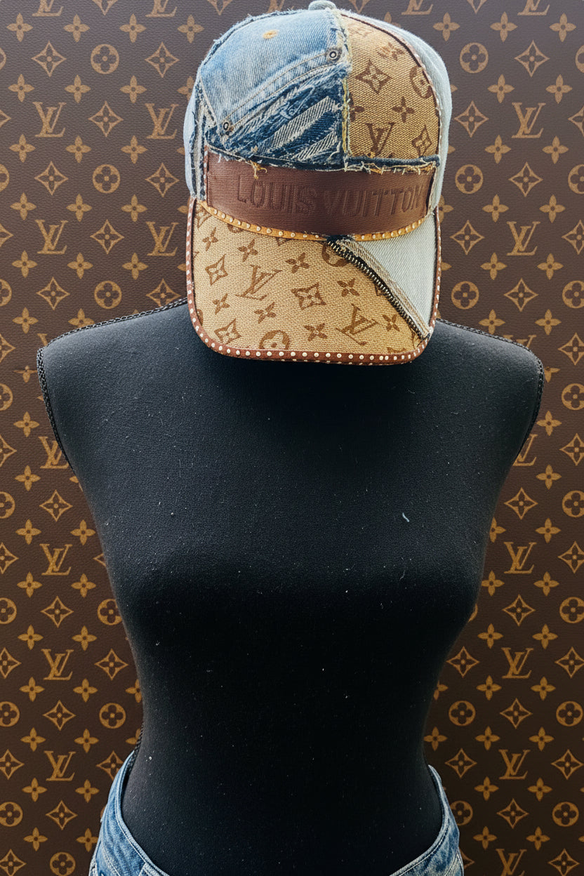 L’Vee Brown & Distressed Denim Patchwork Hat Cap