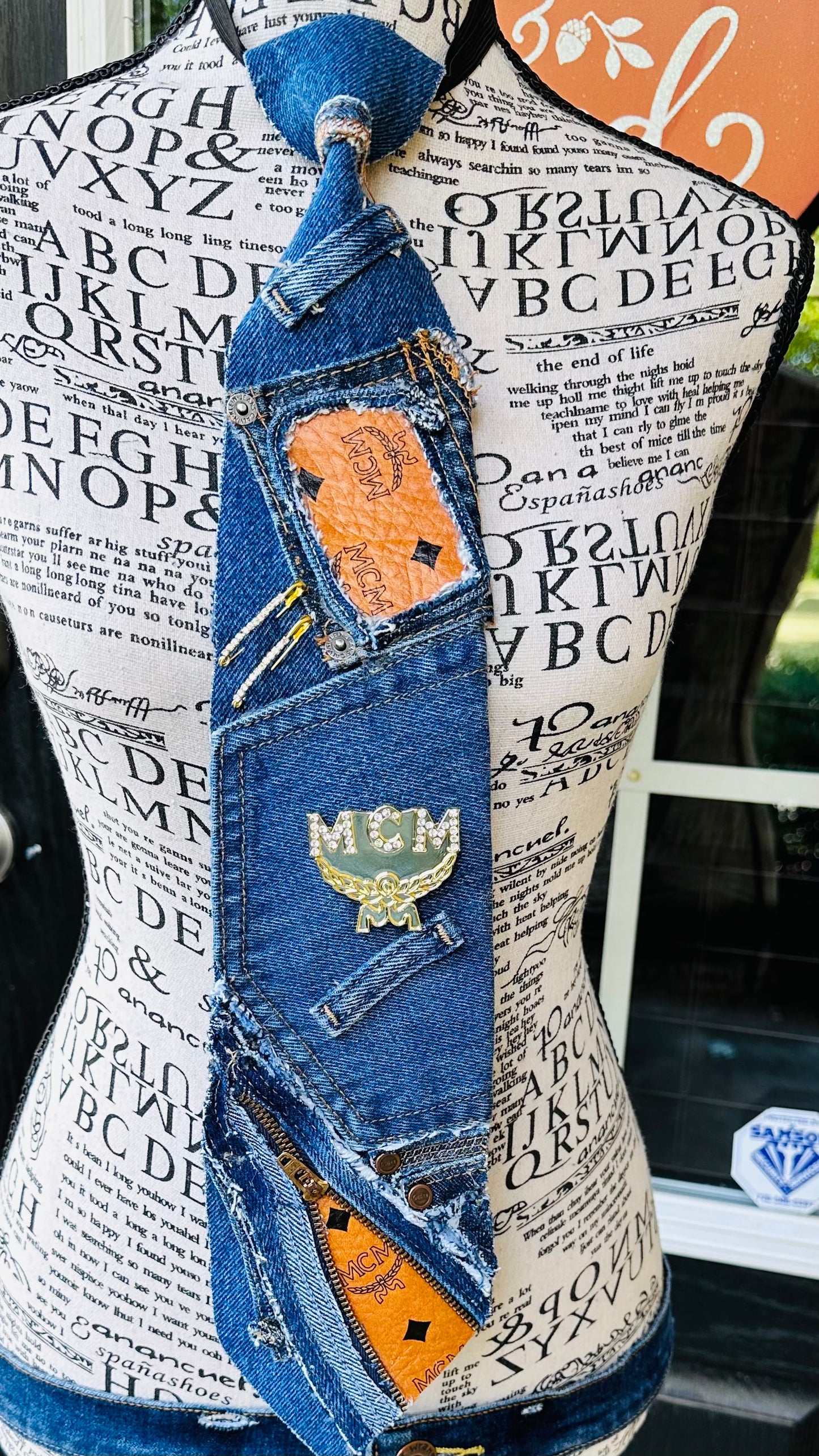 Cognac Fringed Freestyle Upcycled Distressed Denim Necktie Necklace ￼
