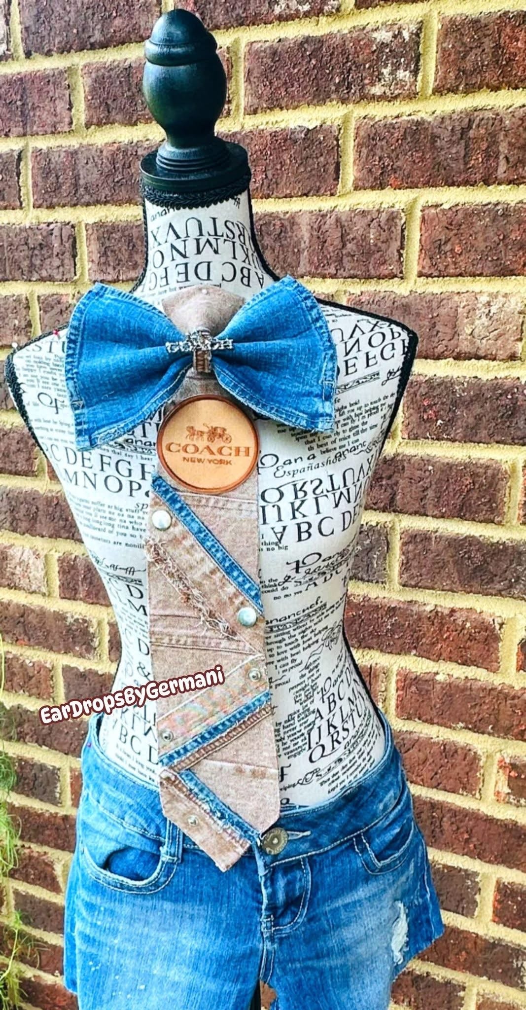 Upcycled Brown Distressed Denim Bowtie Necktie