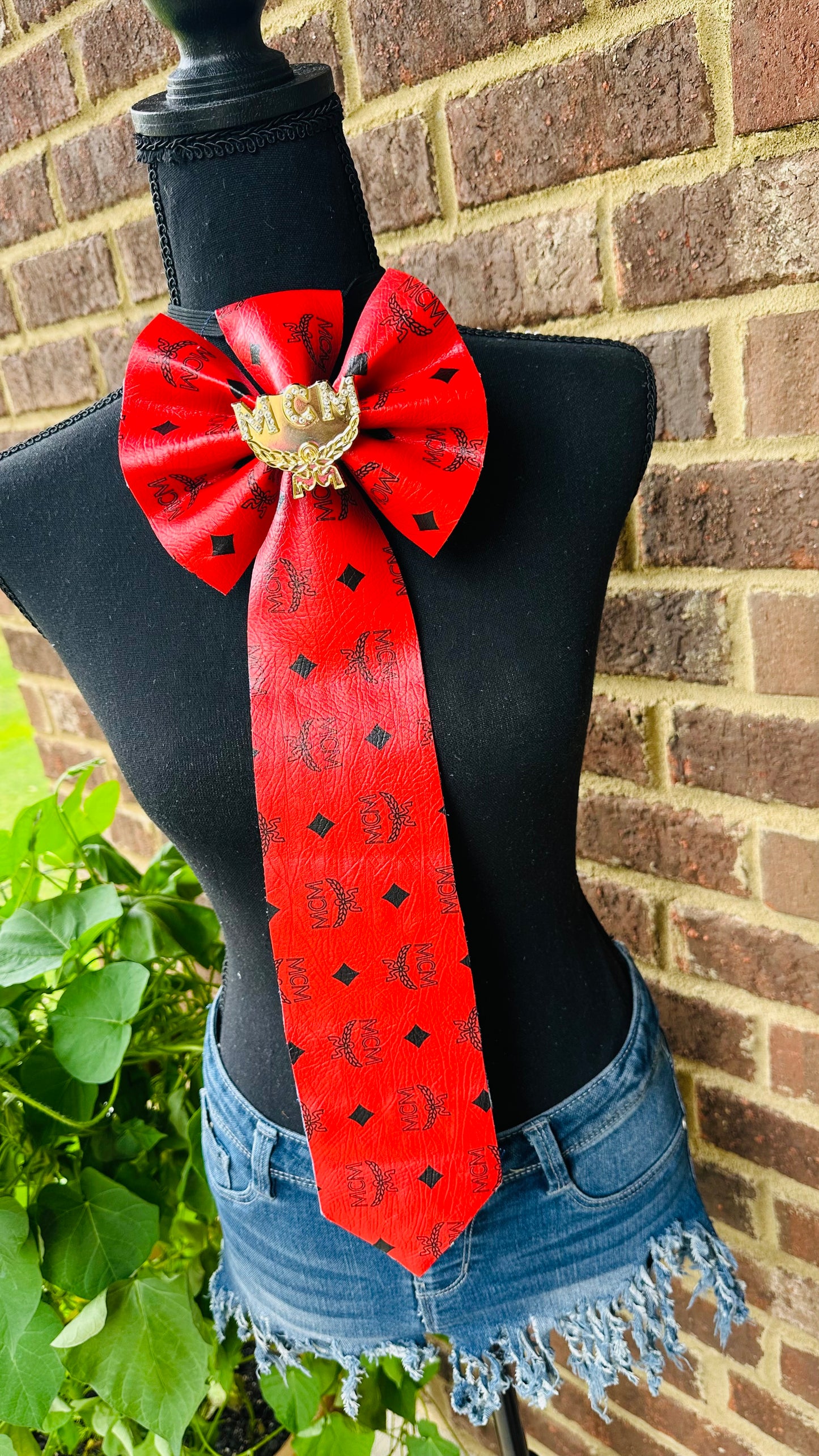 MCM Scarlet Red Leather & Distressed Denim Bowtie Necktie
