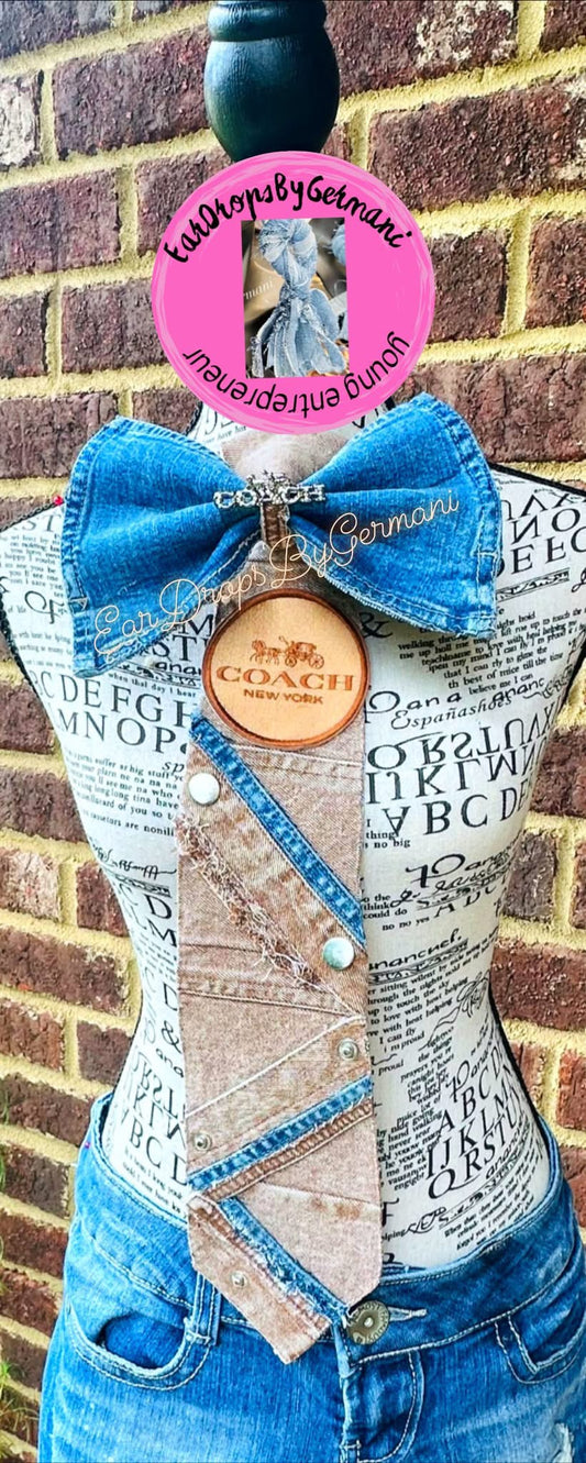 Upcycled Brown Distressed Denim Bowtie Necktie