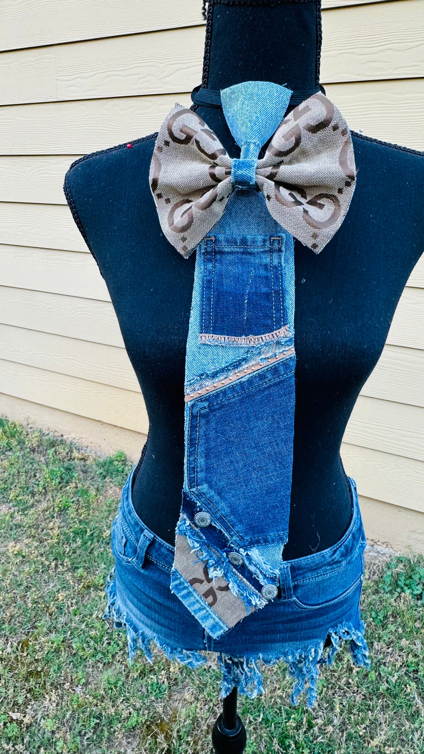 Big Brown GiGi Freestyle Patchwork Distressed Denim Bowtie Necktie