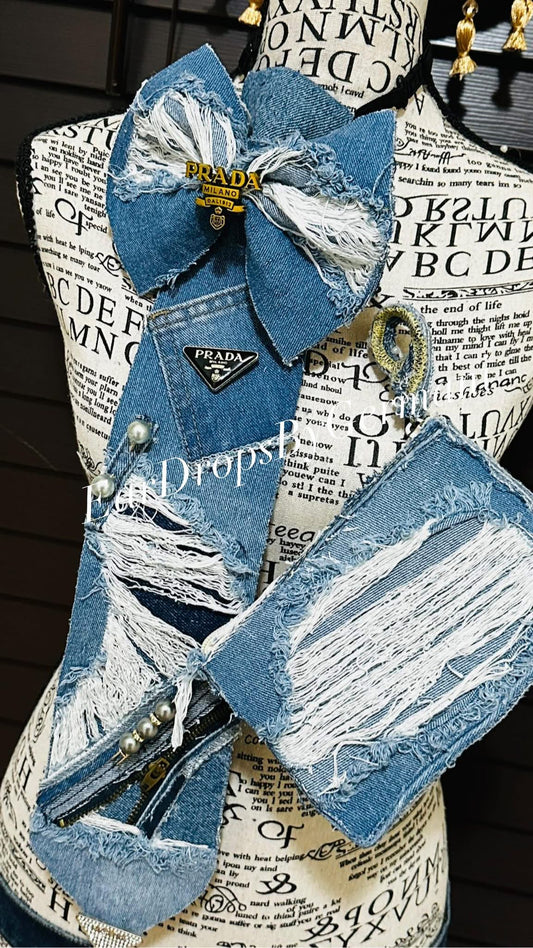 Upcycled Distressed Denim Bowtie Necktie with Matching Wristlet