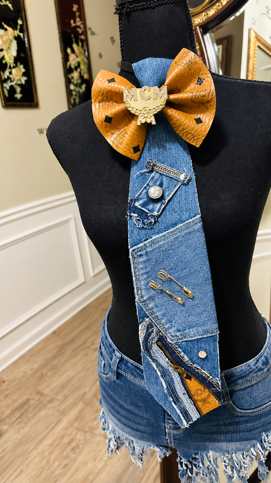 Freestyle Patchwork Cognac Distressed Denim Bowtie Necktie