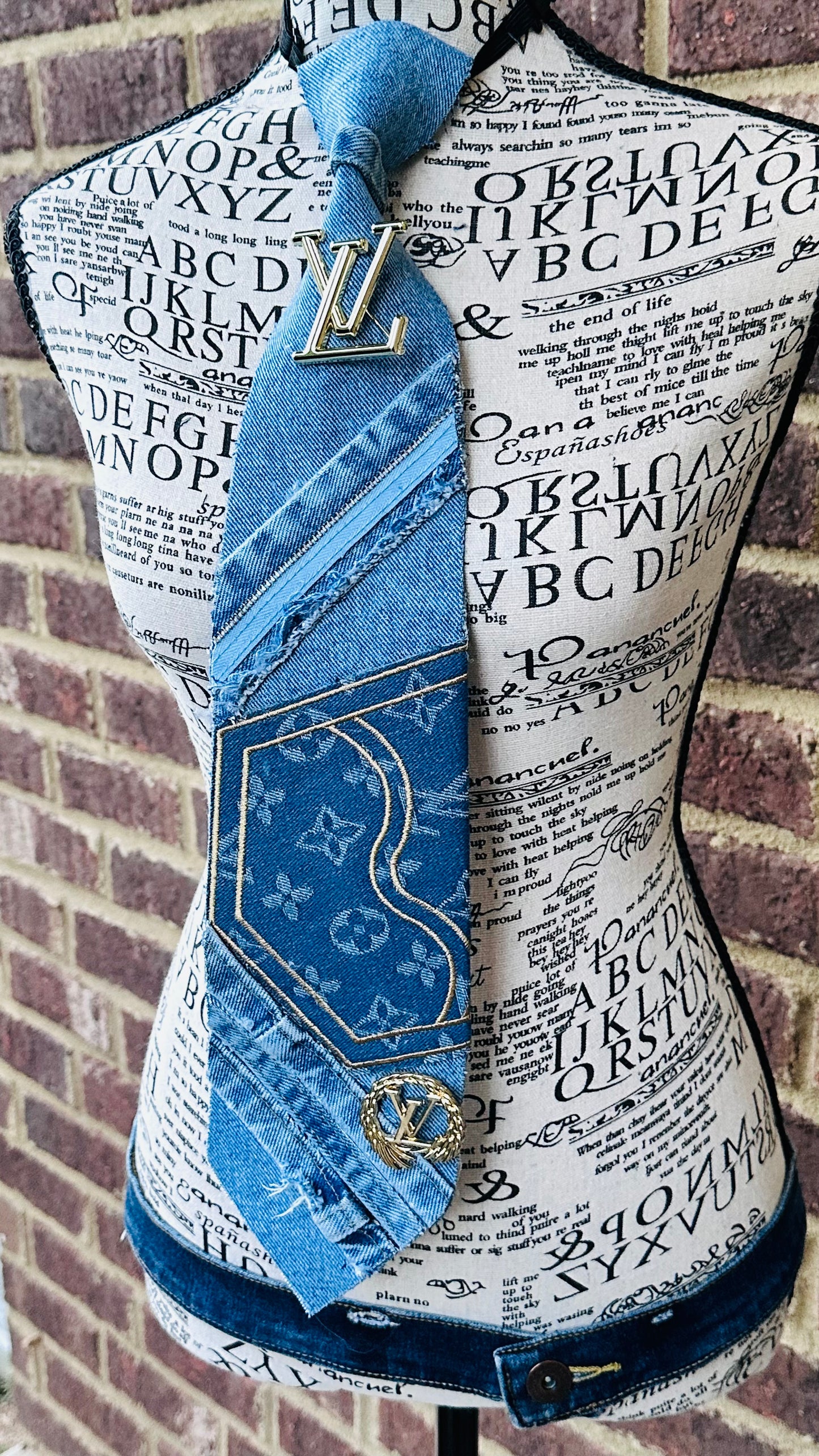 Upcycled Distressed LaVandra Denim Necktie (1 embroidery patch & 2 brooches)