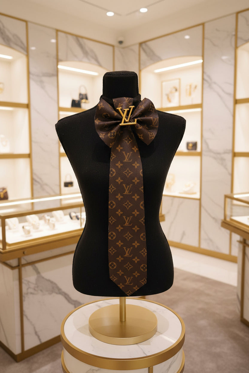 Dark Chocolate L’Vee Soft Leather & Denim Distressed Bowtie Necktie