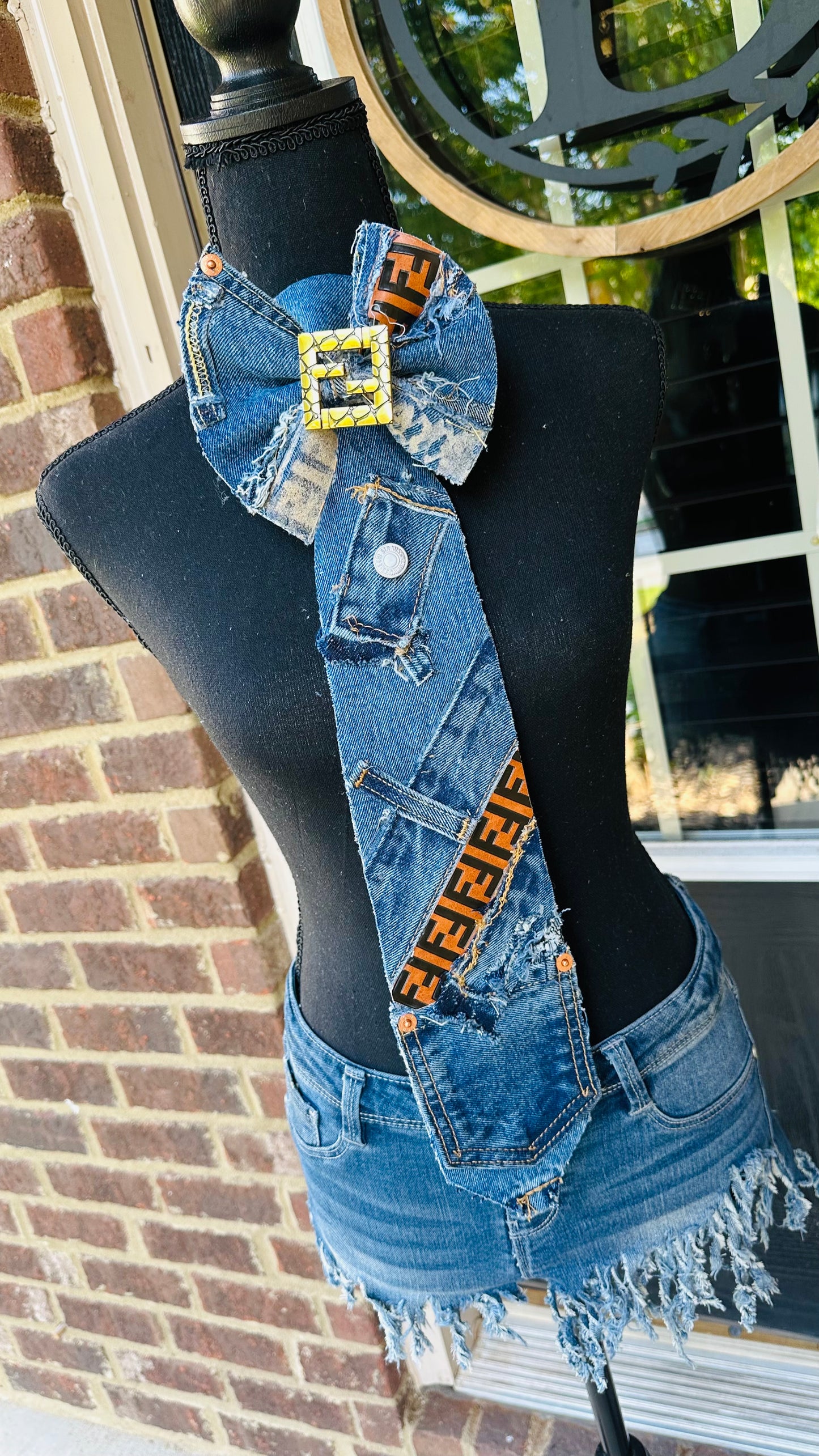 Upcycled Fendia Distressed Denim Bowtie Necktie