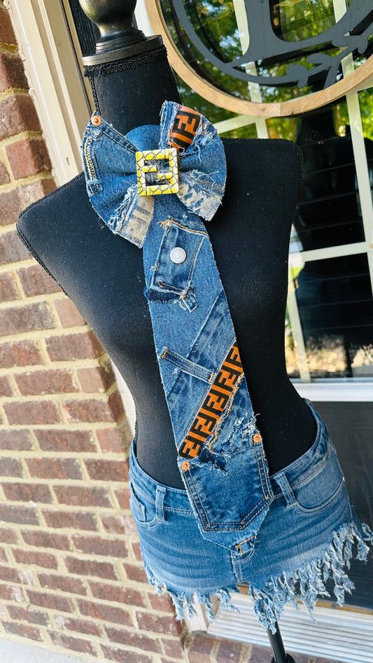 Upcycled Fendia Distressed Denim Bowtie Necktie