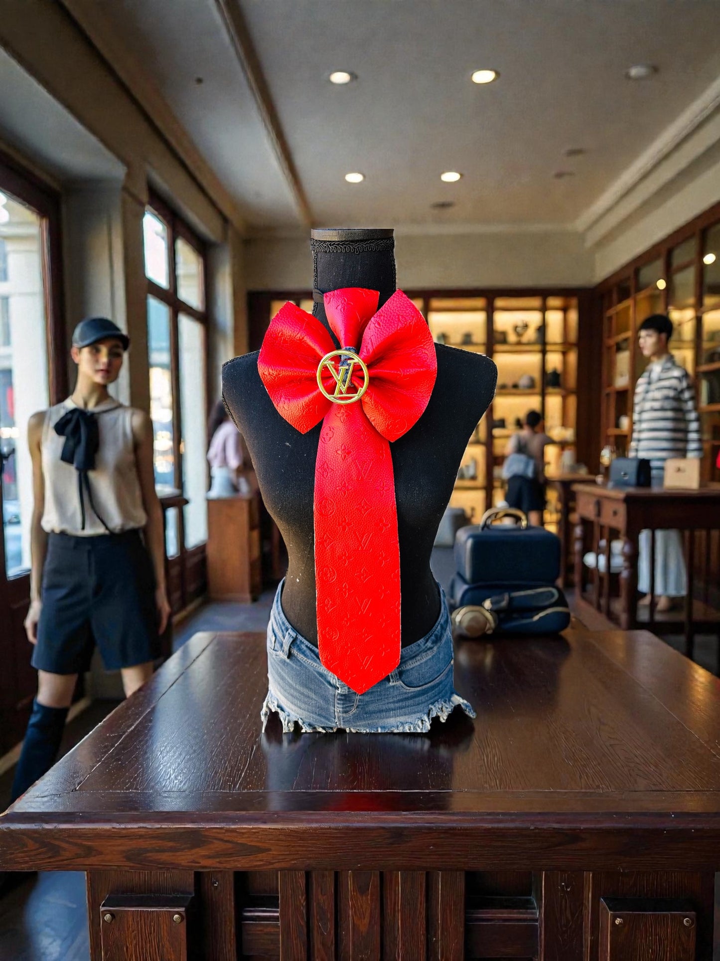 Red L’Vee Leather & Distressed Denim Bowtie Necktie
