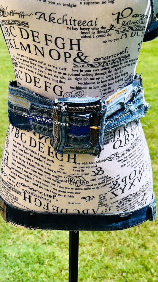 High Waist Up cycled Distressed Denim Patchwork Fashion Belt