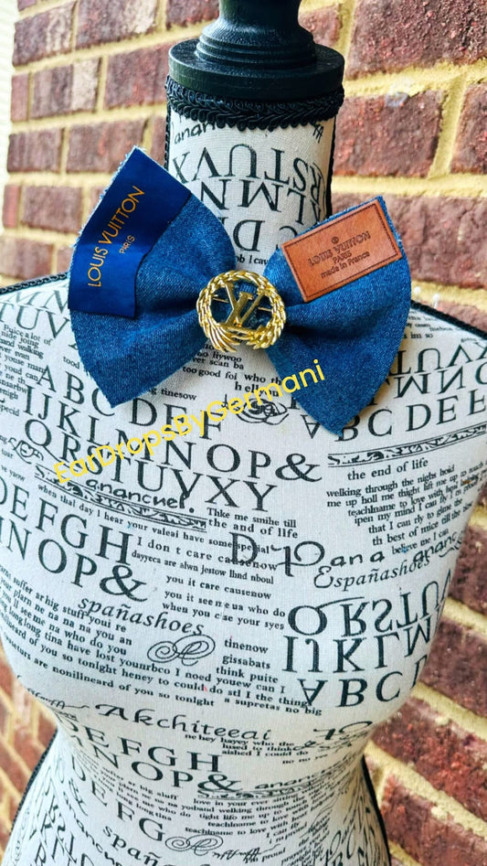 Double Patch Distressed Denim Bowtie with brooch