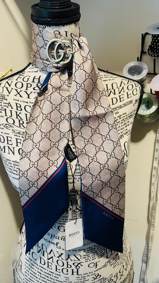 Navy Blue GiGi Silk Scarf with Brooch