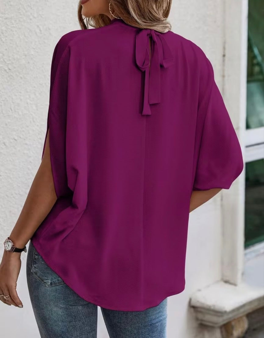 Purple / Fuchsia short sleeve women’s summer blouse with loose draped