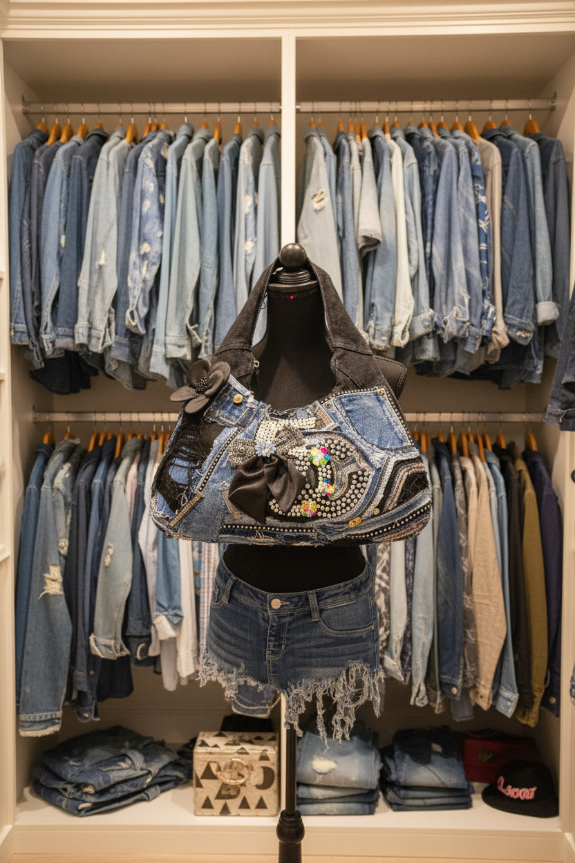 Freestyle Denim Patchwork Boho Bag with Center Embroidery Patch