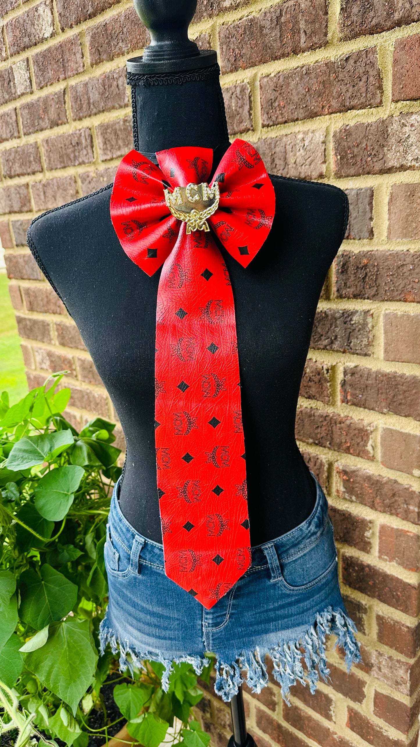 MCM Scarlet Red Leather & Distressed Denim Bowtie Necktie