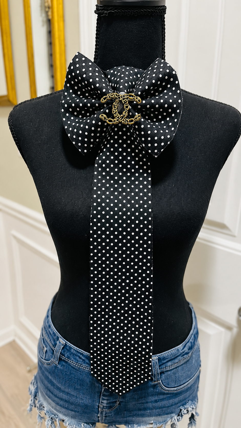 Black and White Polka Dot Cotton & Denim Bowtie Necktie (sale extended until 9/28)