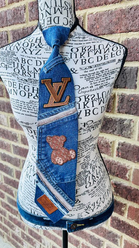Brown Distressed Denim Embroidery Patches Necktie Necklace