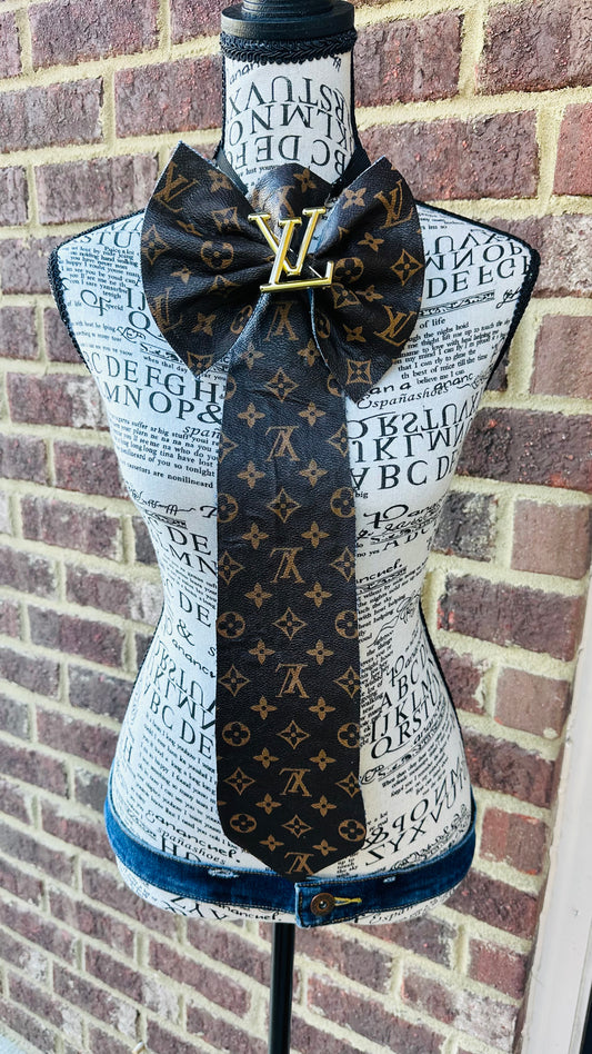 Dark Chocolate Brownie Leather & Denim Distressed Bowtie Necktie