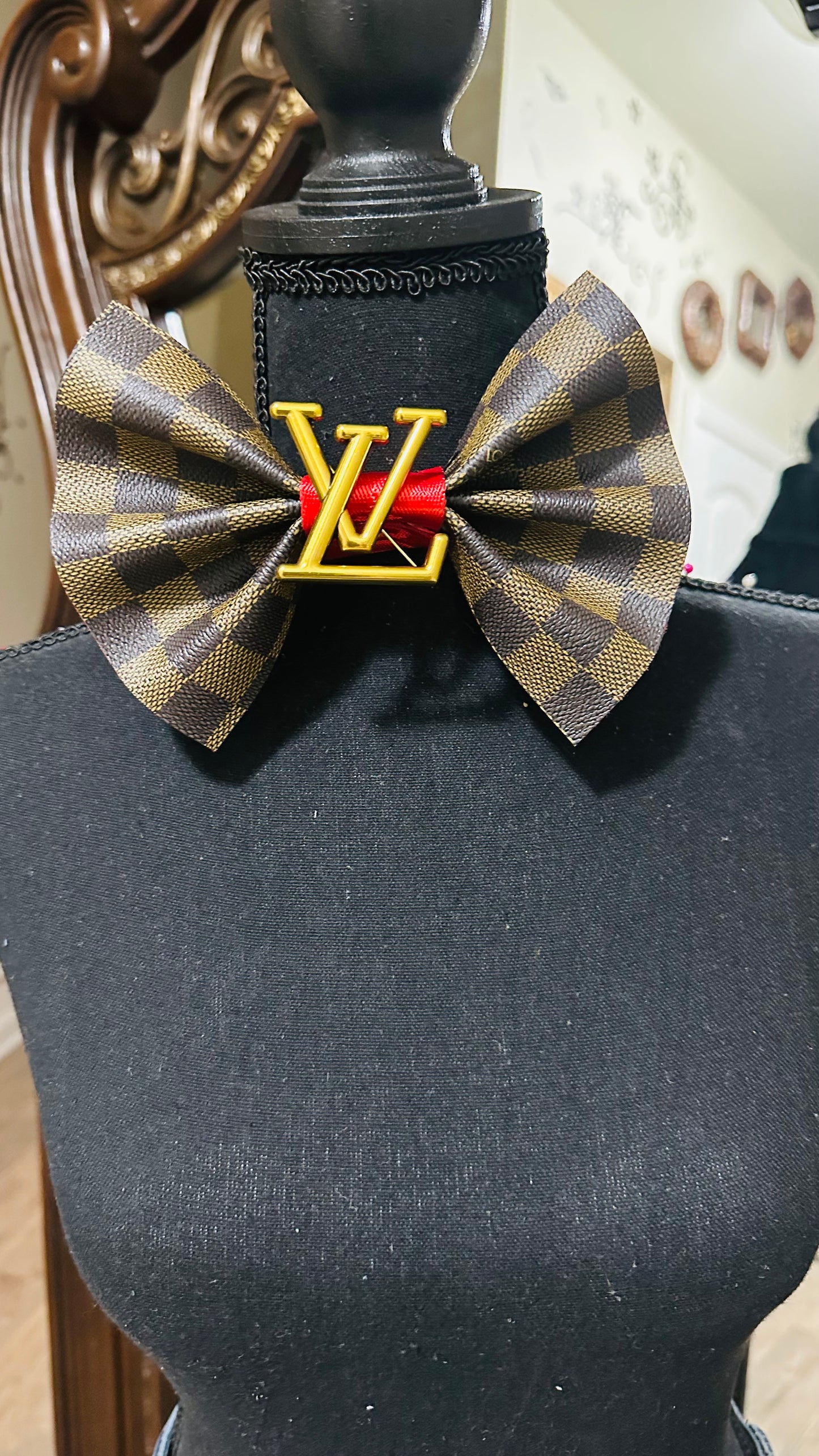 L’Vee Leather Brown/Black Checkered Bowtie with red ribbon & center brooch