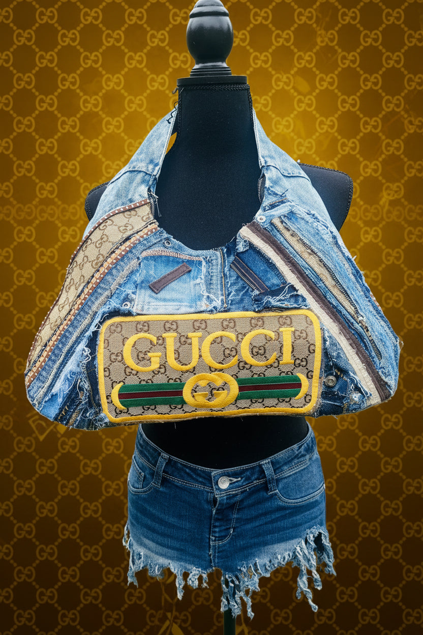 Boho GiGi & Distressed Denim Patchwork Tote Bag with Large Embroidery Patch