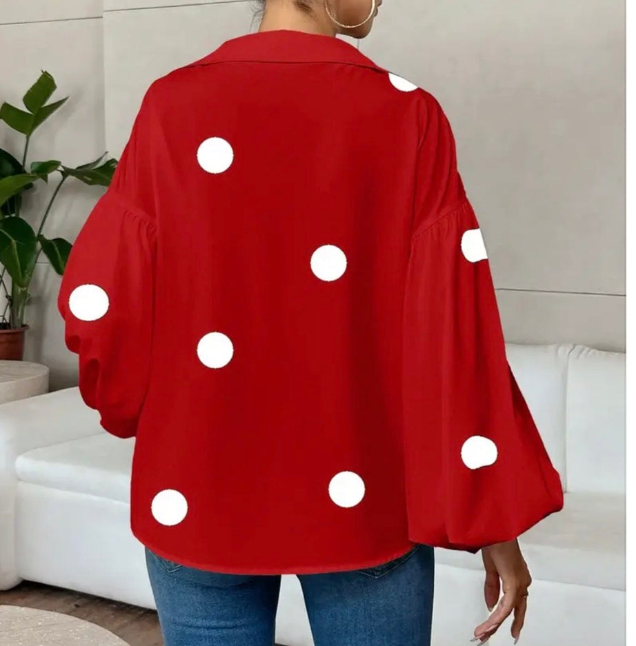 Red French polkadot women’s fashion blouse with loose bubble top ￼