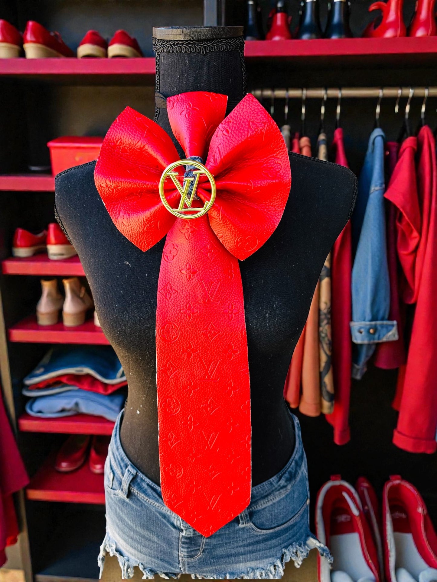 Red L’Vee Leather & Distressed Denim Bowtie Necktie