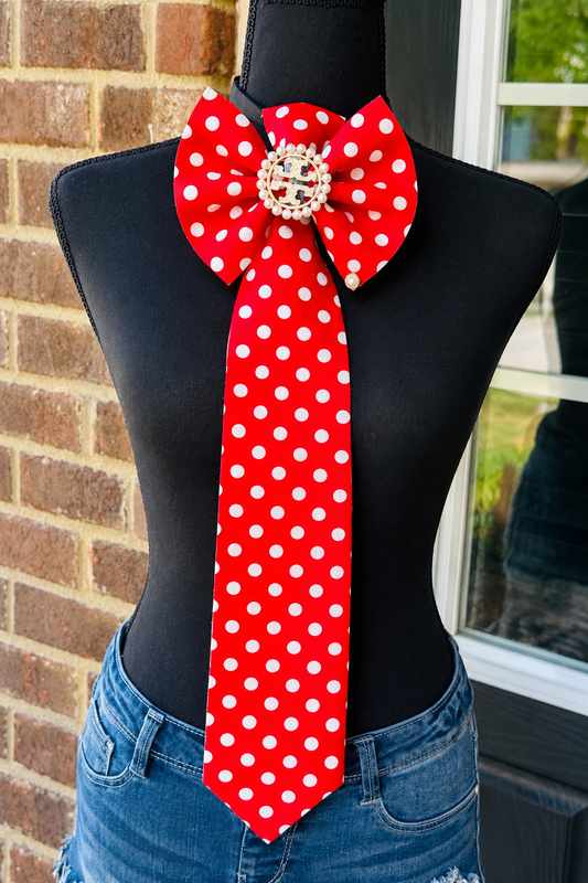 Red & White Polka Dot Fabric & Denim Statement Bowtie Necktie – Tory Burch Miller-Inspired Brooch or Other Inspired Brooch