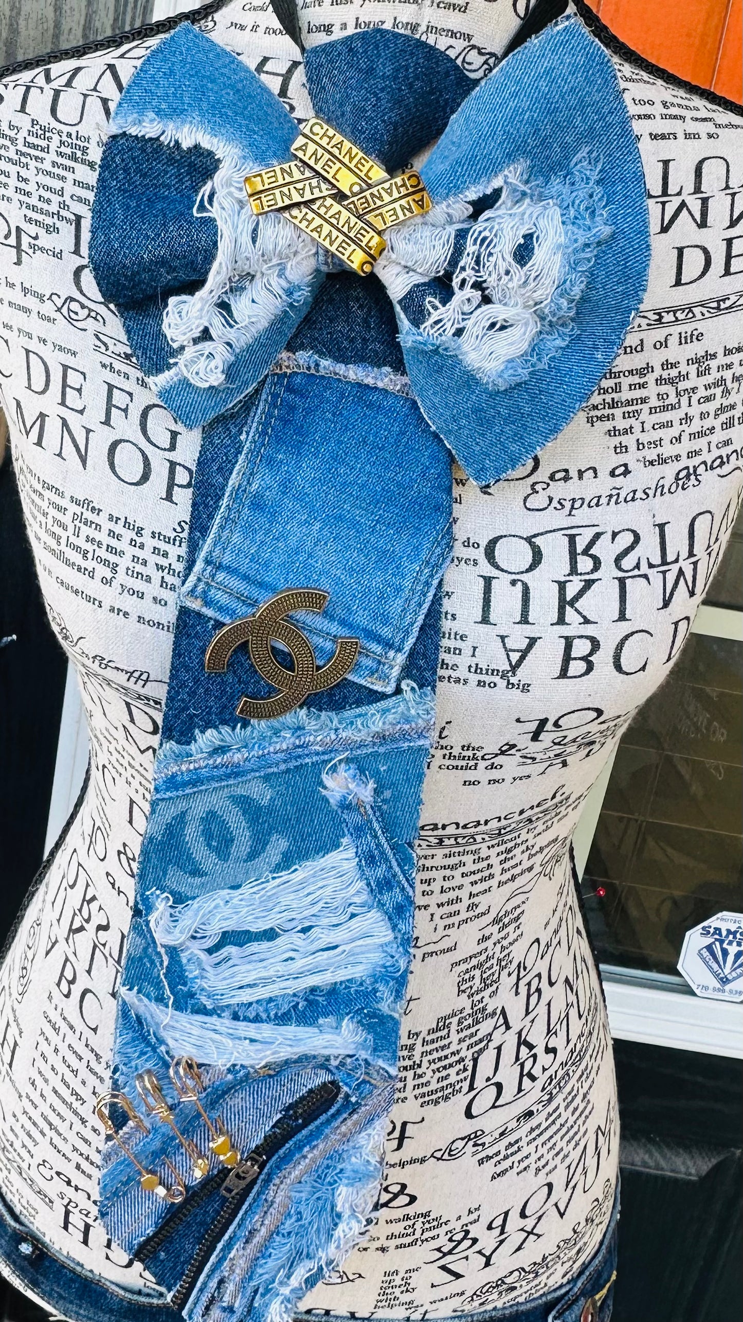 Upcycled Distressed Denim Bowtie Necktie with Matching Wristlet