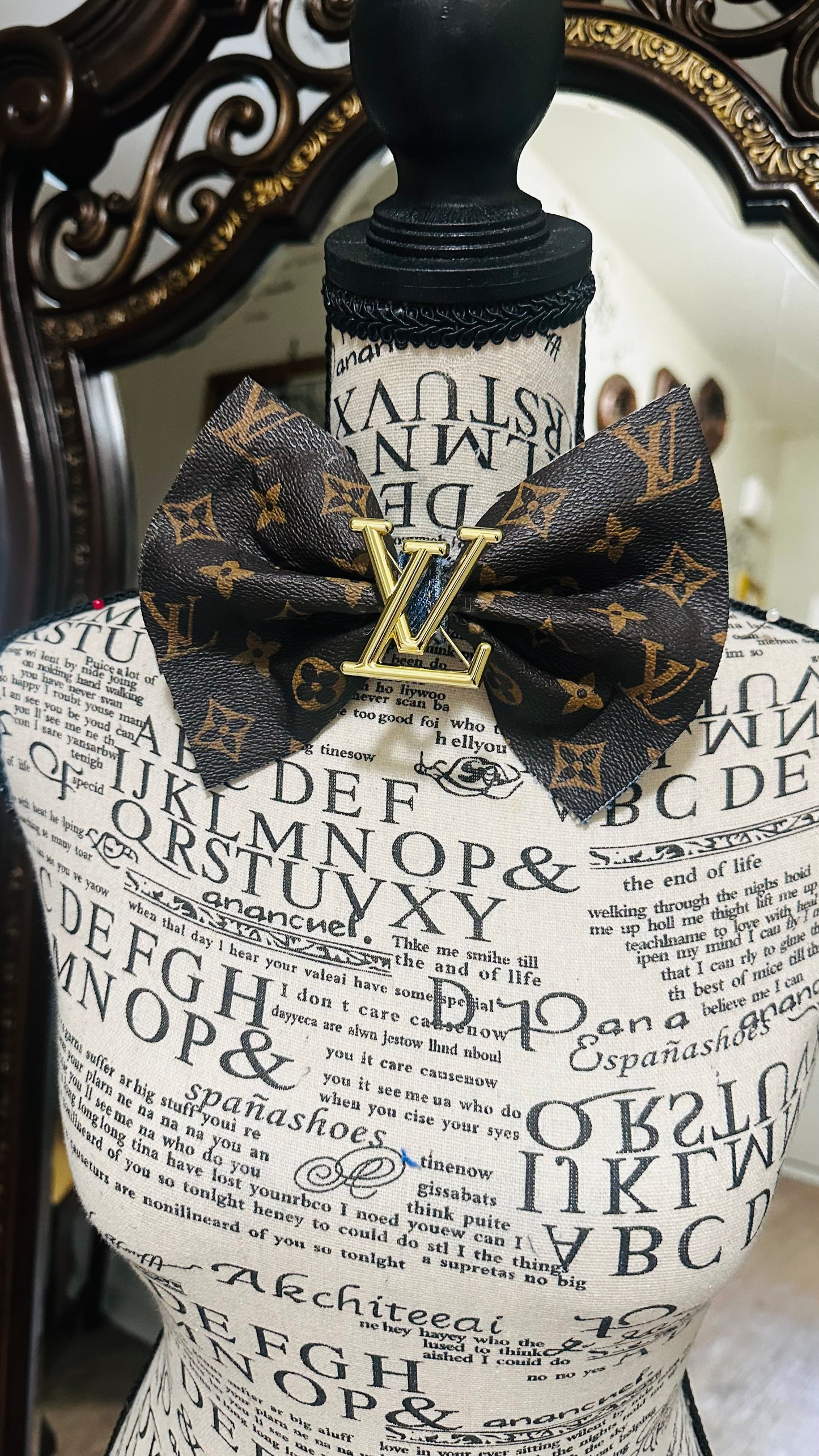 Dark Chocolate Leather  LaVonta with Caramel Drizzle Denim Bowtie with center brooch (brooch style varies)