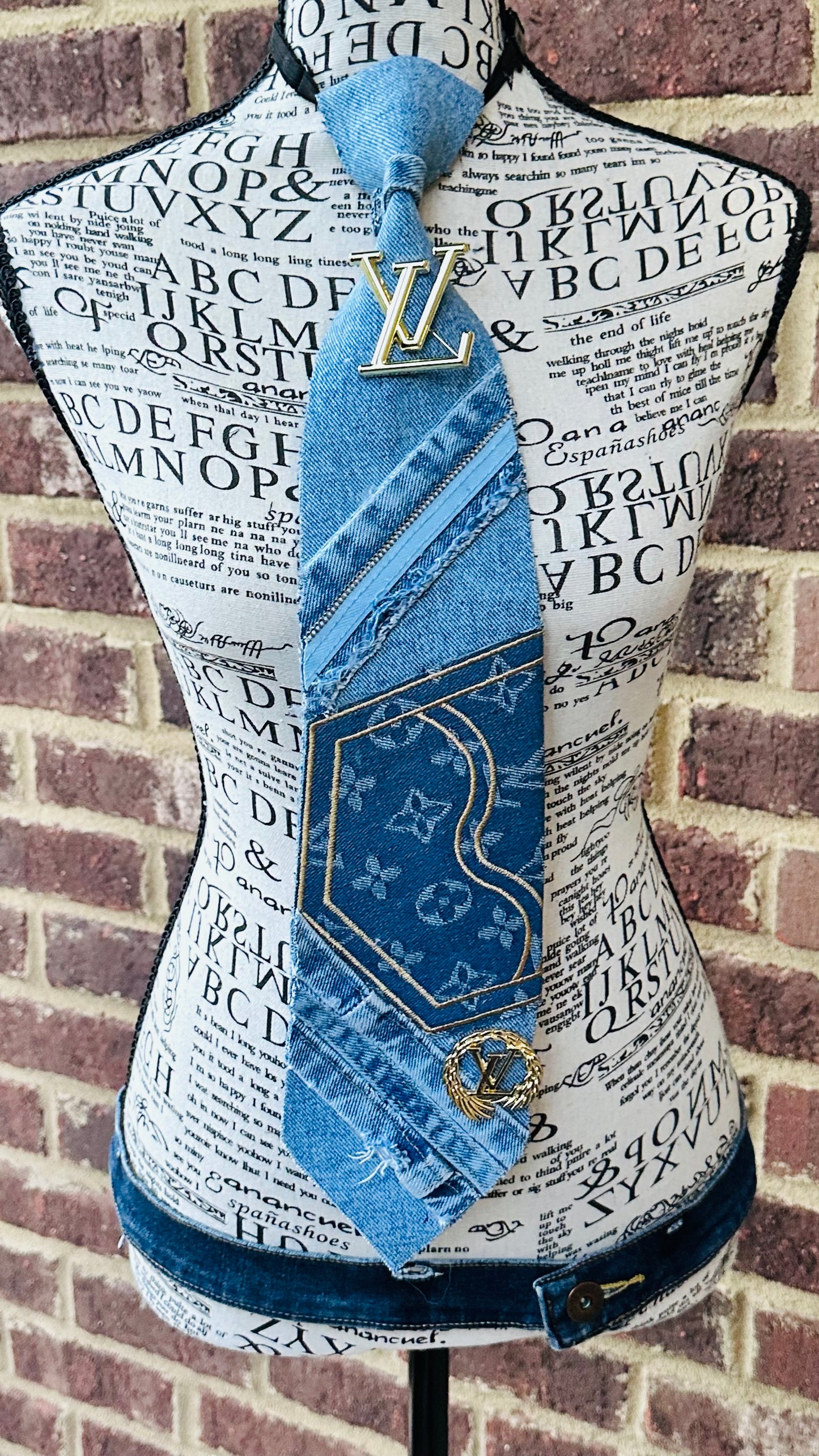 Upcycled Distressed LaVandra Denim Necktie (1 embroidery patch & 2 brooches)