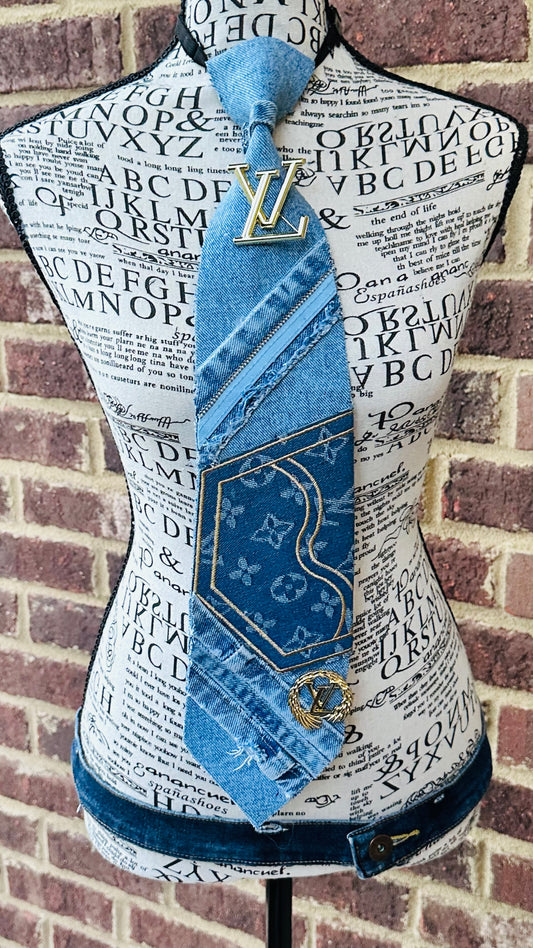 Upcycled Distressed LaVandra Denim Necktie (1 embroidery patch & 2 brooches)