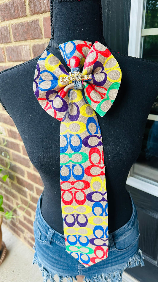 Handmade Women's Denim Bowtie Necklace with Brooch Multicolor Leather Coachella