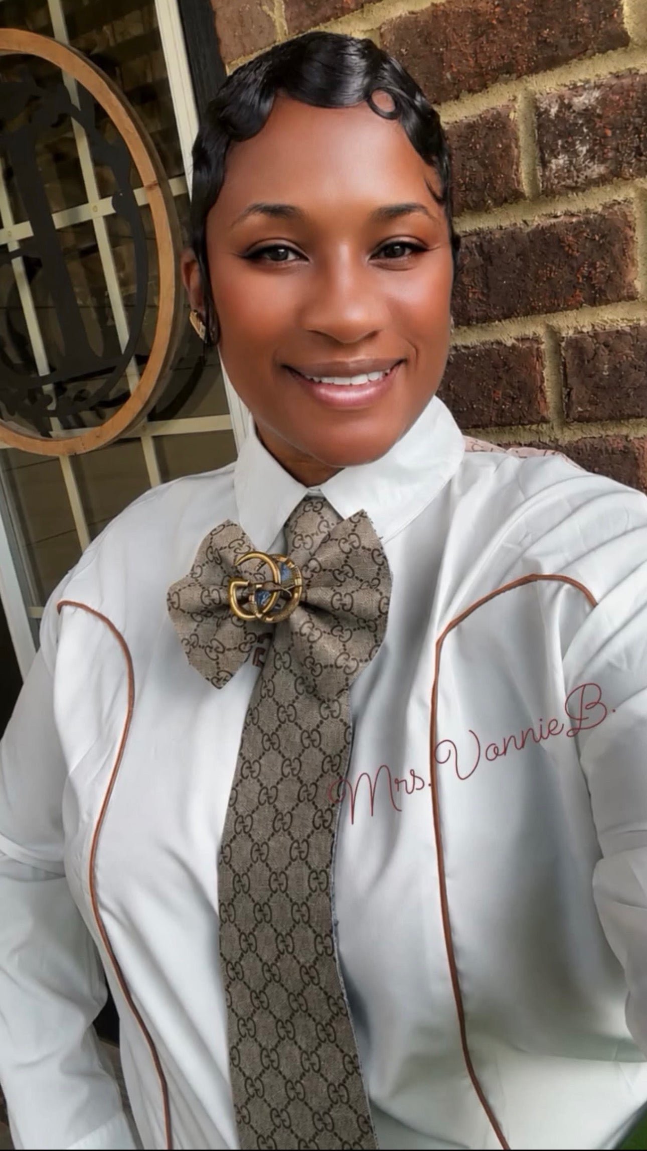 Signature GiGi Leather & Distressed Denim with Center Brooch Bowtie Necktie